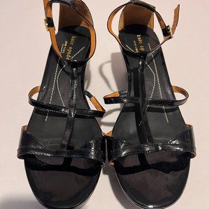 Kate Spade Black Patent Leather Strappy Wedge Sandals Women's size 8.5